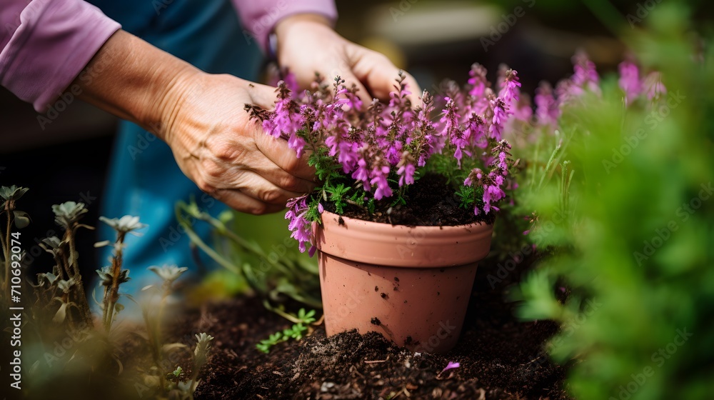 Fototapeta premium gardeners hand planting heather flowers in pot with soil