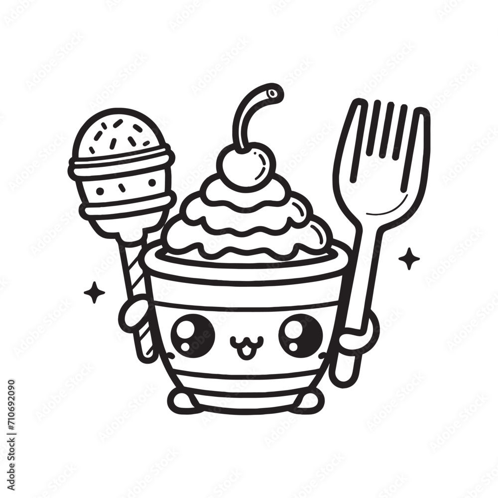 kawaii food coloring page Vector doodle illustration with Hand-drawn ...