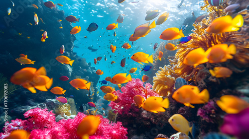 coral reef in the sea, colorful fish swimming through a vibrant coral reef, displaying the wonders of marine biodiversity © @ArtUmbre