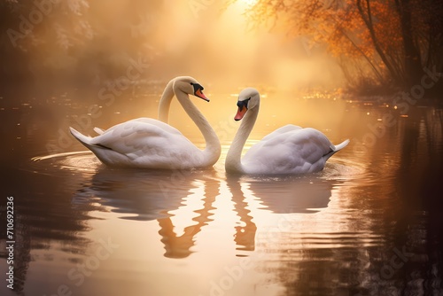 A pair of graceful swans gliding across a serene, reflective lake at sunrise.