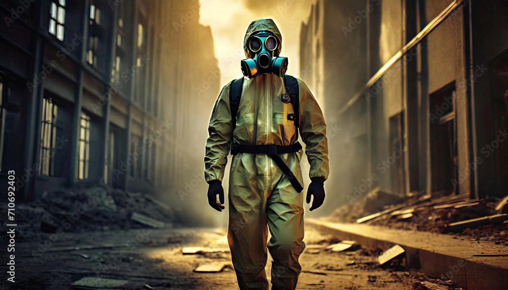 man in hazmat suit and gas mask walking in a city after an apocalyptic event man in hazmat suit and gas mask walking in a city after an apocalyptic event
