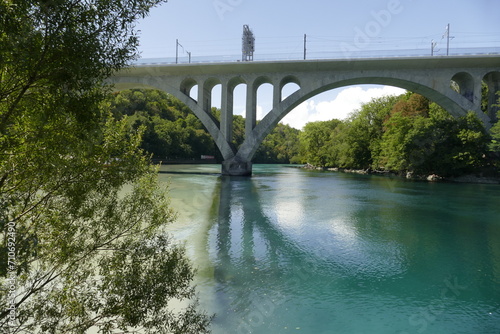 Vászonkép Railway bridge over the confluence of river Rhone and river Arve in Geneva, Swit