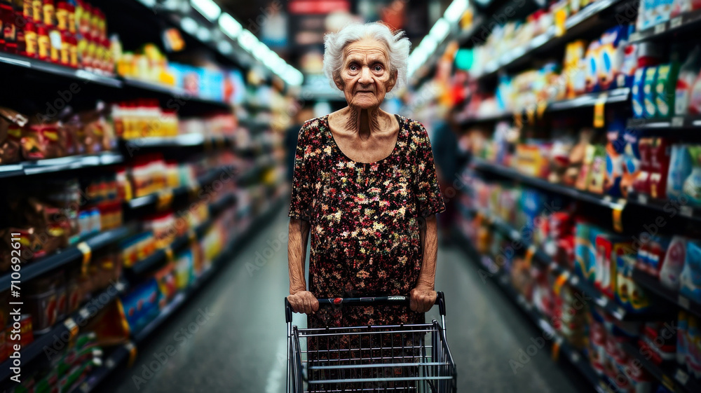 Old lady with shopping cart in supermarket, poverty, low income concept