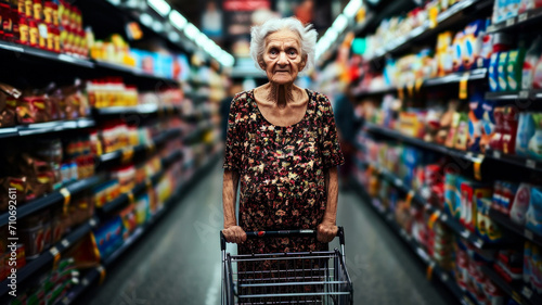Old lady with shopping cart in supermarket, poverty, low income concept