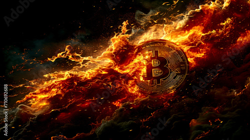 Golden Bitcoin engulfed in flames - rising price concept