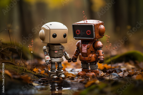 two robots standing in the woods