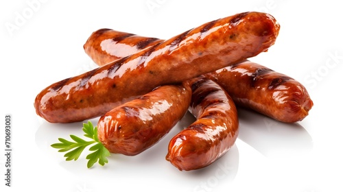 Grilled bratwurst Pork Sausages, bbq sausages, isolated on white transparent background.