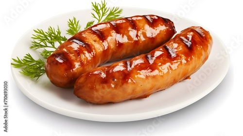 Grilled bratwurst Pork Sausages, bbq sausages, isolated on white transparent background.