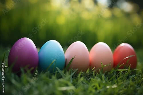 a row of colorful eggs in the grass. Generative AI