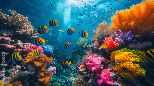 tropical coral reef, colorful fish swimming through a vibrant coral reef, displaying the wonders of marine biodiversity © @ArtUmbre