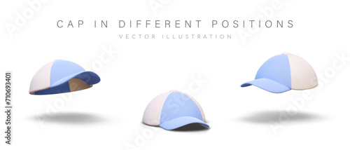 Classic cap with long hard peak. Youth accessories for head. Sun protection. Vector mockup, place for logo, brand. Baseball cap. Isolated objects at different angles