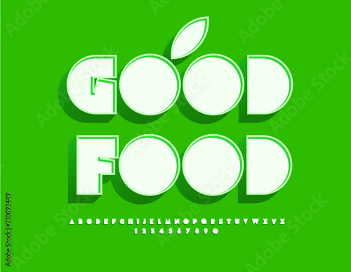 Vector concept sign Good Food with decorative Leaf. Cool creative Font. Set of abstract style Alphabet letters and Numbers