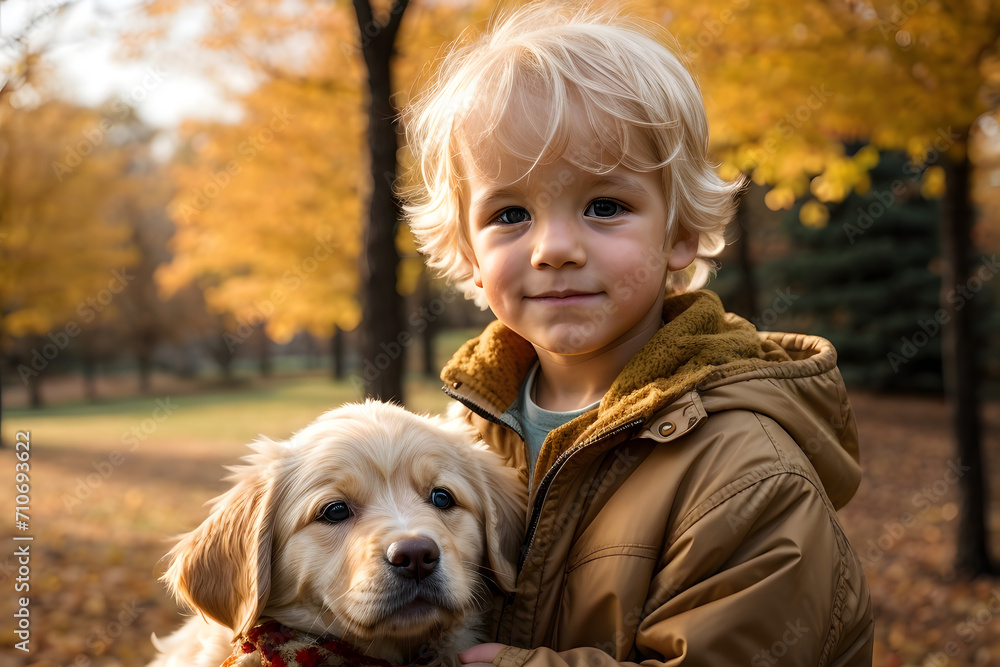 Little boy playing with his dog outdoors in the park Little boy playing with his dog outdoors in the park