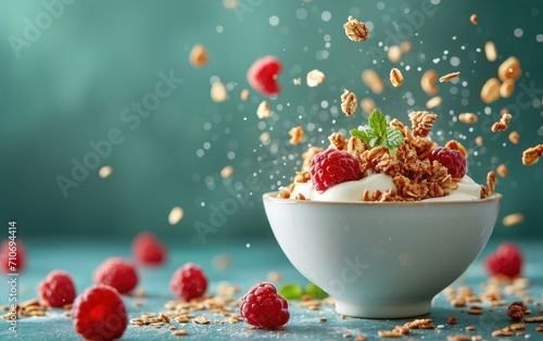 Healthy morning. Breakfast with granola   yogurt and berries in bowl