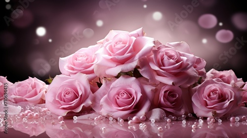 Pink Roses with Pearls on Shiny Surface