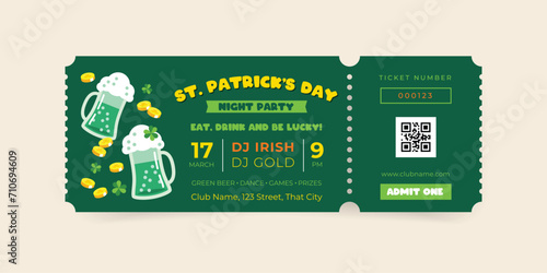 St. Patrick's Day celebration party ticket template. Invitation background decorated with two pints of foam green beer, coins and clover leaves. Vector 10 EPS.