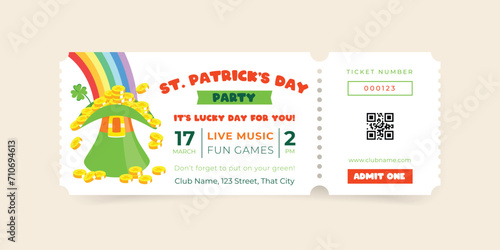 St. Patrick's Day celebration party ticket template. Invitation background decorated with a rainbow light falls into a green leprechaun hat full of coins. Vector 10 EPS.