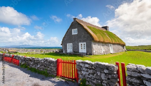 typical irish cottage house with thatched roof and stone wall with red fence on the aran islands a group of three islands located at the mouth of galway bay on the west coast of ireland