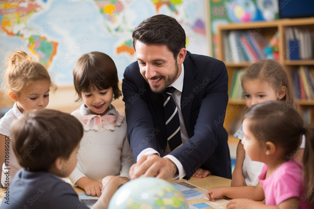 Fototapeta premium Attentive children with young friendly male teacher at geography lesson, selective focus