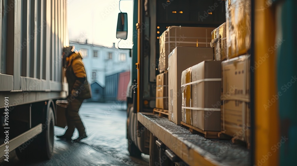 The freight forwarder loads the cargo into the truck. Close-up view. Copy space. The freight forwarder loads the cargo into the truck. Close-up view. Copy space.