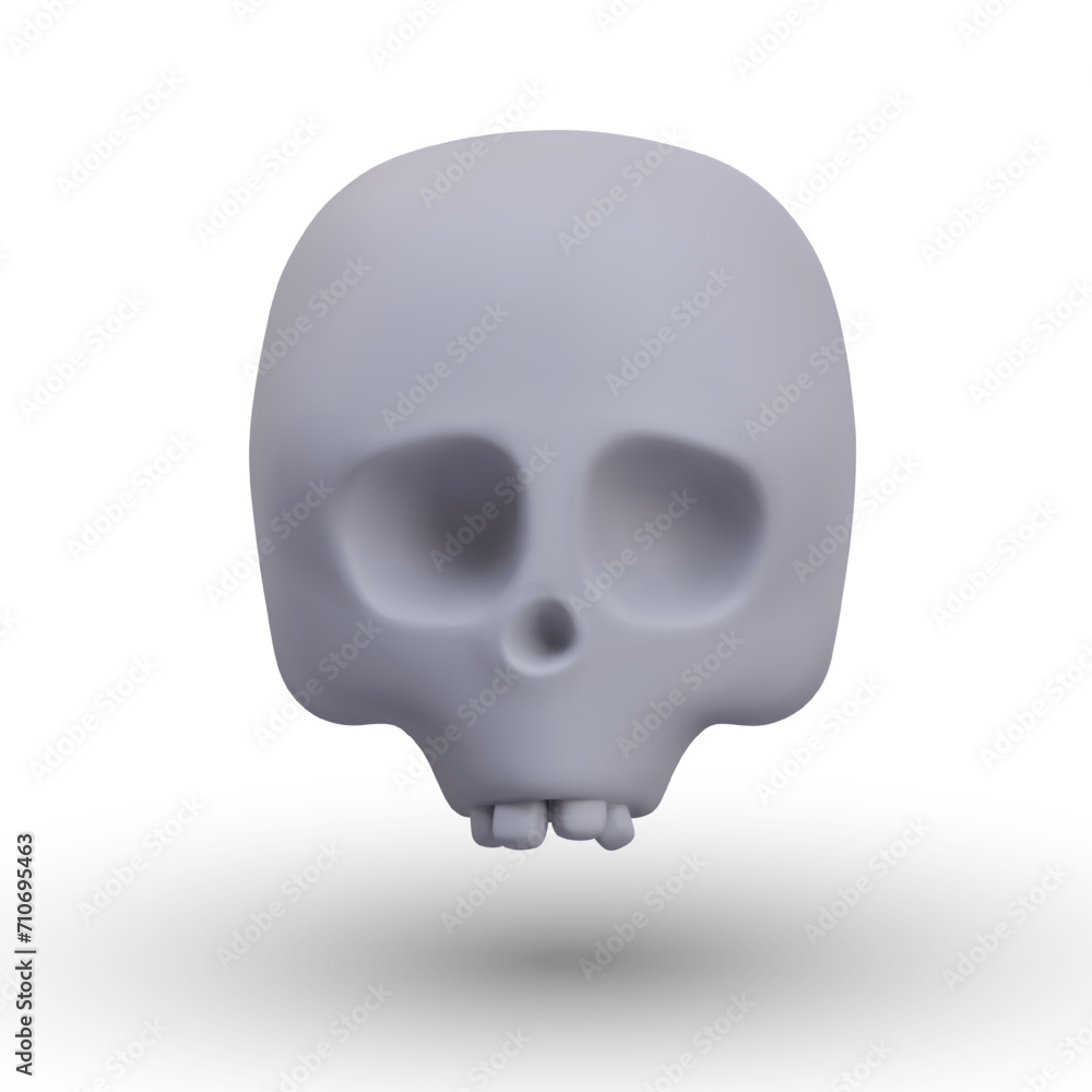 Fototapeta premium Front view on scull in gray color. Concept of Halloween object. Mask or costume element on white background. Skull with bone. Vector illustration in 3d style with shadow