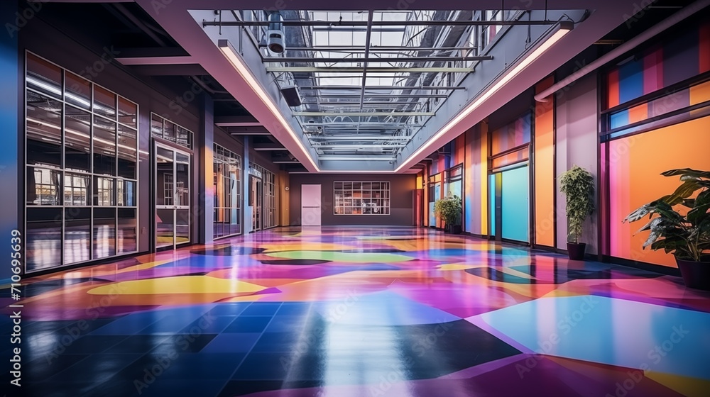 Colorful floor glass ceiling hallway office building background image