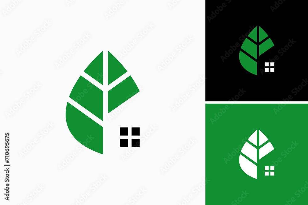 Leaf with home vector logo design - obrazy, fototapety, plakaty 
