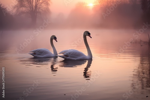 A pair of serene swans gliding gracefully across a mist-covered lake at dawn.