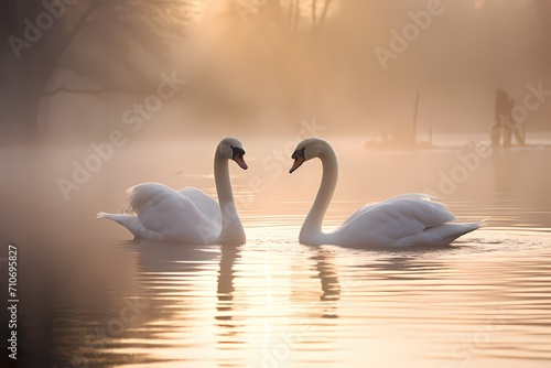 A pair of serene swans gliding gracefully across a mist-covered lake at dawn.