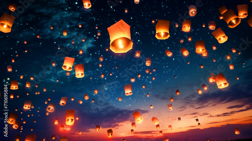 Night sky filled with flying paper lanterns scenery - ai generative © NAVIN