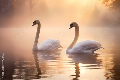 A pair of serene swans gliding gracefully across a mist-covered lake at dawn. © Animals