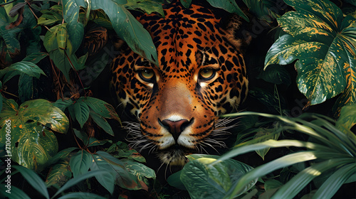 jaguar in zoo, a jaguar camouflaged amidst dense foliage, representing stealth and power in the jungle © @ArtUmbre