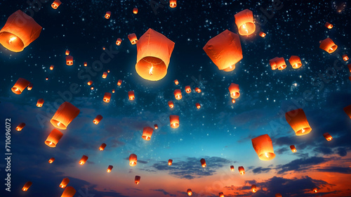 Night sky filled with flying paper lanterns scenery - ai generative photo