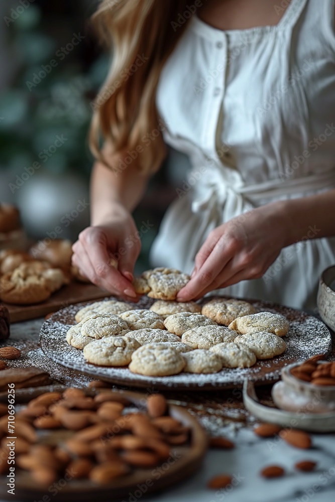 Woman cooking cookies with almonds in the kitchen