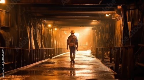 Male worker walking in Miner underground at a copper.