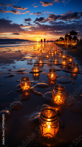 An amazing picture of a vivid sunset captured during low tide, with clouds reflecting Enchanted Evening Lights through delicate lantern patterns on the wet sand 