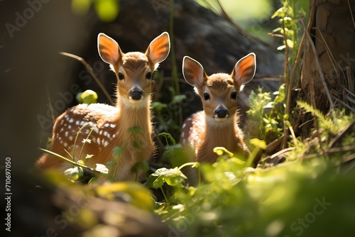 A pair of tiny fawns grazing in a sun-dappled forest glade.