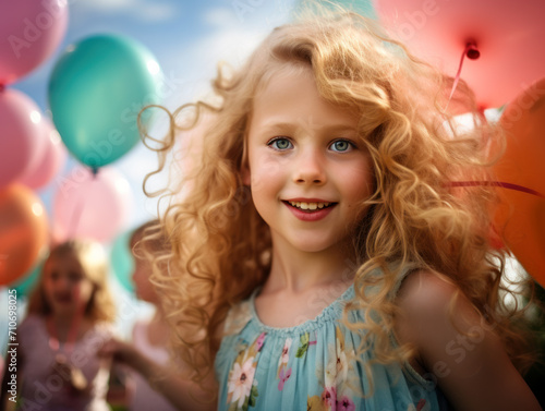 A joyful girl with curly blond hair beams brightly as she stands surrounded by colorful balloons under an open sky.