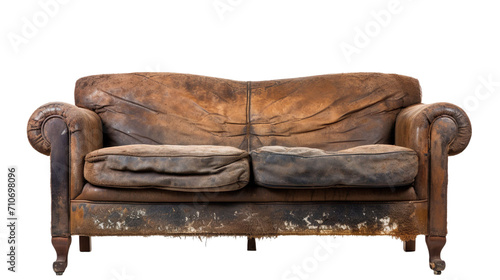 front view of a torn, tattered, and old Lawson sofa isolated on a white transparent background