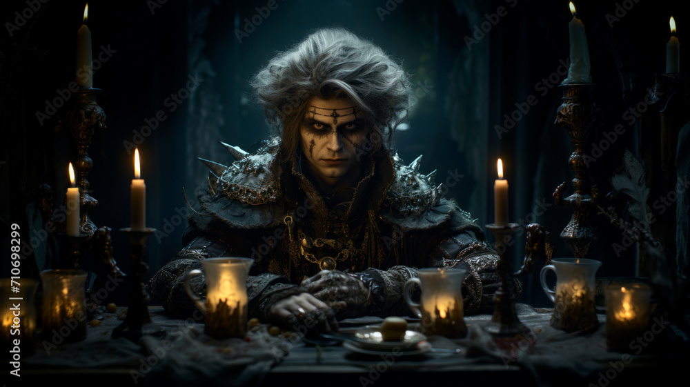 Evil sorcerer sitting at the table