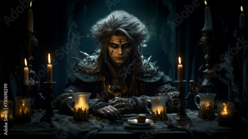 Evil sorcerer sitting at the table