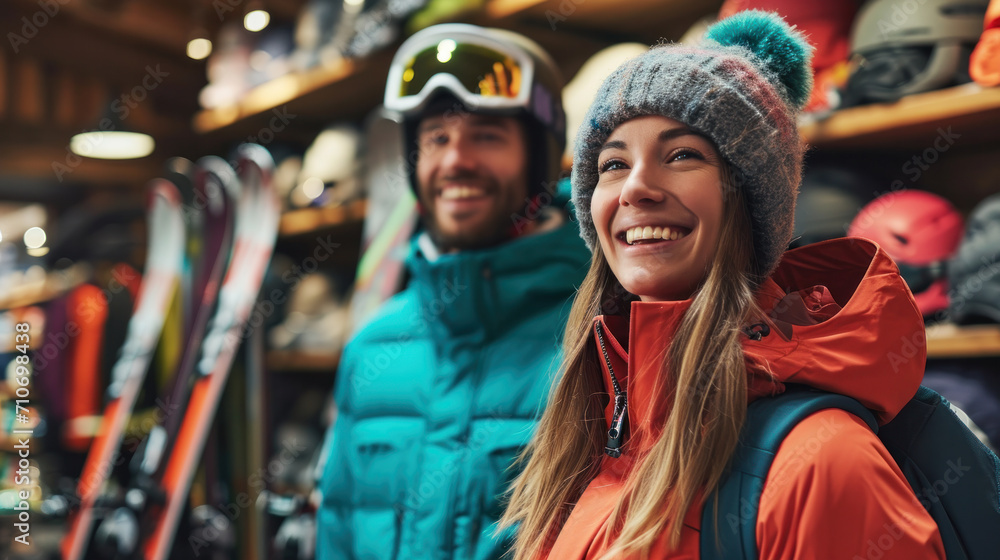 Portrait of smiling woman and man in ski equipment who is standing with ski, helmets and boots in sport shop