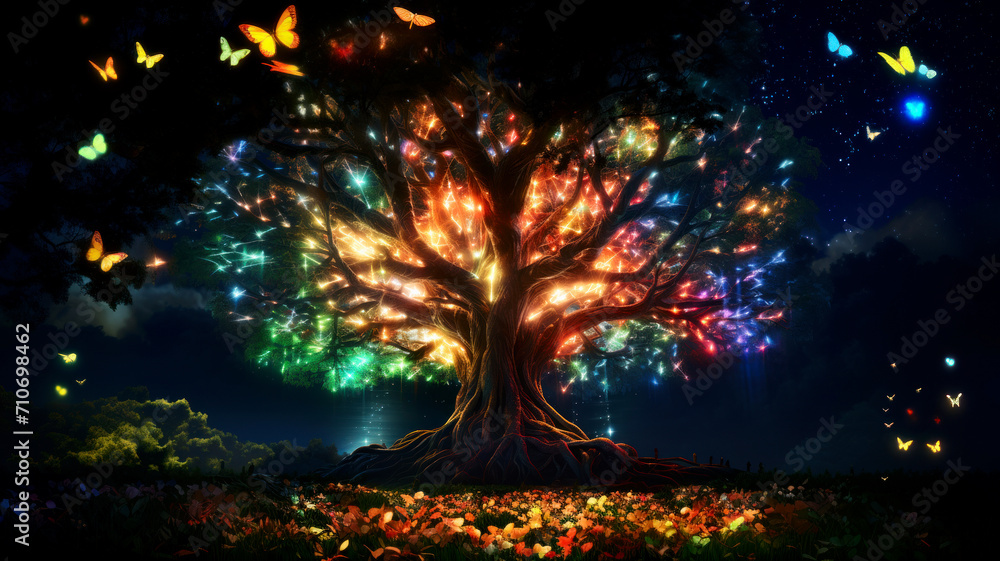 Naklejka premium Magical glowing tree with fireflies