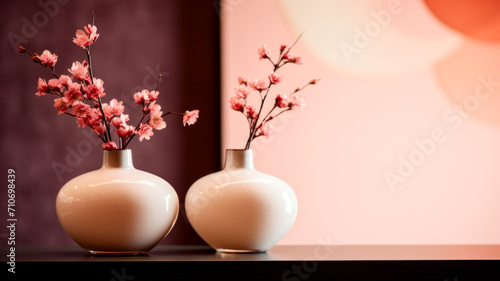 Vases with blossoming cherry branches in pink interior