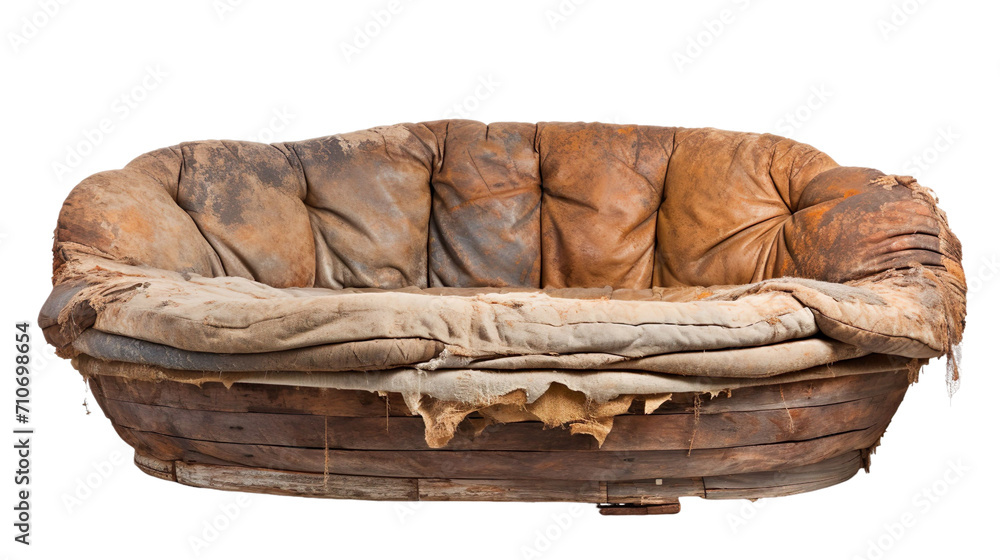  front view of a torn, tattered, and old round sofa isolated on a white transparent background