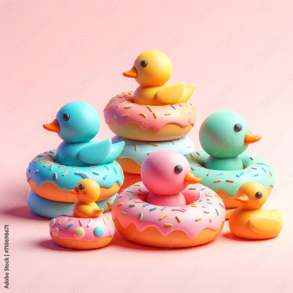 Colorful delicious donuts shaped like rubber ducks on a pastel pink background. Tasty dessert food concept in minimalism style. Wide screen wallpaper. Panoramic web banner with copy space for design. Colorful delicious donuts shaped like rubber ducks on a pastel pink background. Tasty dessert food concept in minimalism style. Wide screen wallpaper. Panoramic web banner with copy space for design.
