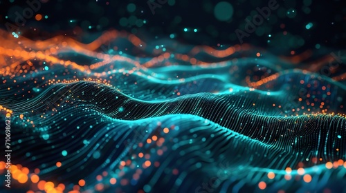 Digital Waves: Abstract Data Particles Flow. Generative ai photo