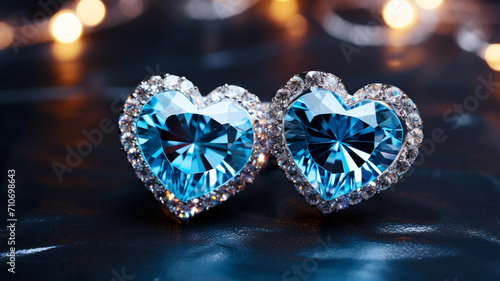 Two rings or earrings with heart-shaped topaz and diamonds on dark surface