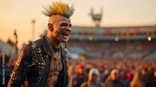 Young happy punk with mohawk hairstyle, open air music festival