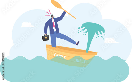 Businessman standing in leaking boat,

